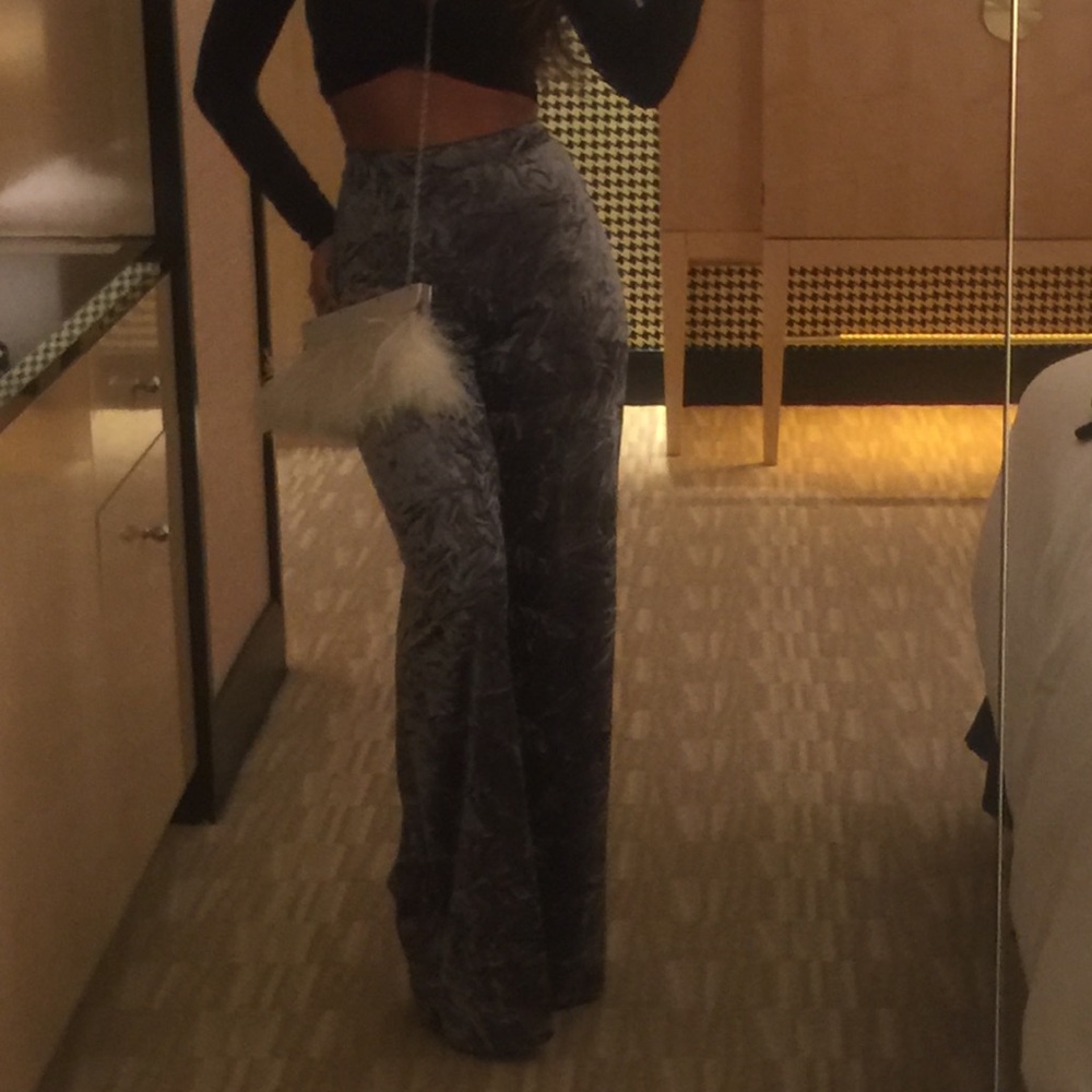 Grey velvet like high wasted pants.